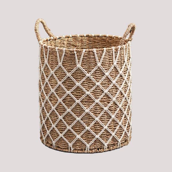 Jeedeson Natural Brown Hubertus Round Water Hyacinth Woven Basket with Handles 15 in. x 15 in. x 18.5 in.
