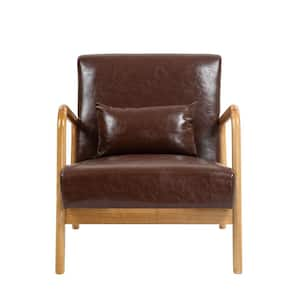 Mid-Century Coffee Wood Frame Faux Leather Upholstered Accent Arm Chair With 1 Pillow(set of 1)