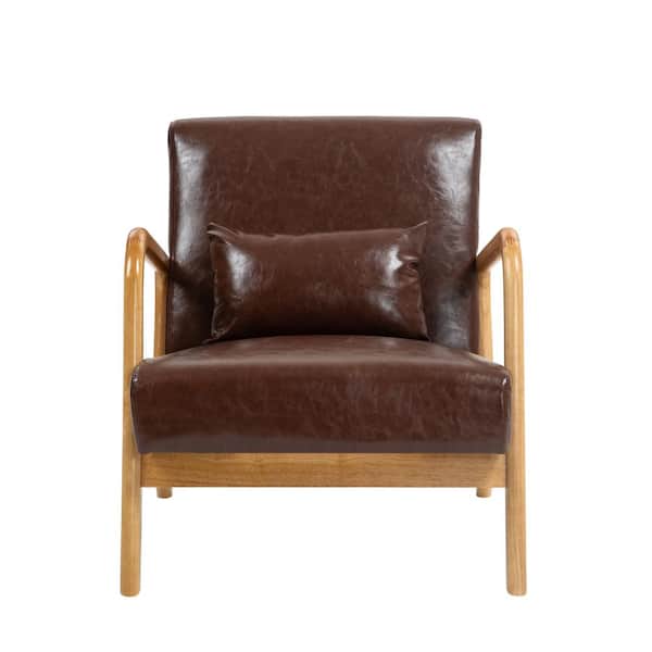 Uixe Mid-Century Coffee Wood Frame Faux Leather Upholstered Accent Arm Chair With 1 Pillow(set of 1)