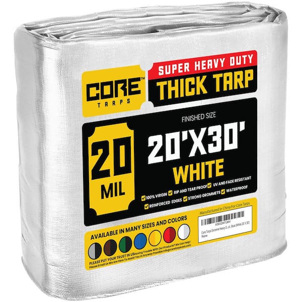 CORE TARPS 20 ft. x 30 ft. White 20 Mil Heavy Duty Polyethylene Tarp, Waterproof, UV Resistant, Rip and Tear Proof