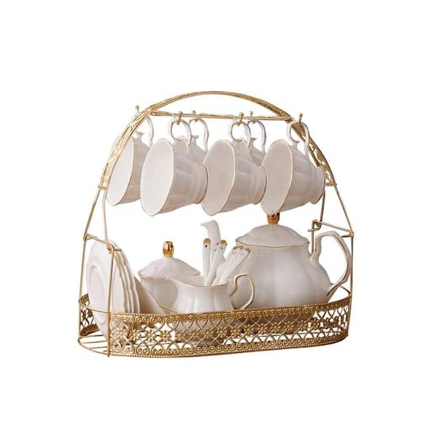 15 Piece White English Style Ceramic Tea Set Bone China Cups Metal Holder Spoons Afternoon Coffee Service