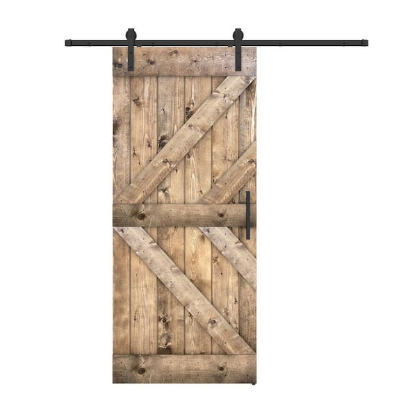 Dessliy Double KL 24 in. x 84 in. Fully Set Up Dark Walnut Finished Pine Wood Sliding Barn Door with Hardware Kit