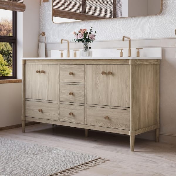 Ethan 60 in. W x 22 in. D x 35 in. H Freestanding Solid Wood Bath Vanity in OAK with White Quartz Top Assembled