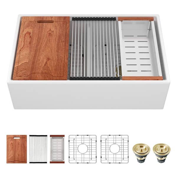 33 in. Double Bowl Farmhouse / Apron-Front White Ceramic Workstation Kitchen Sink with Strainer and Cutting Board