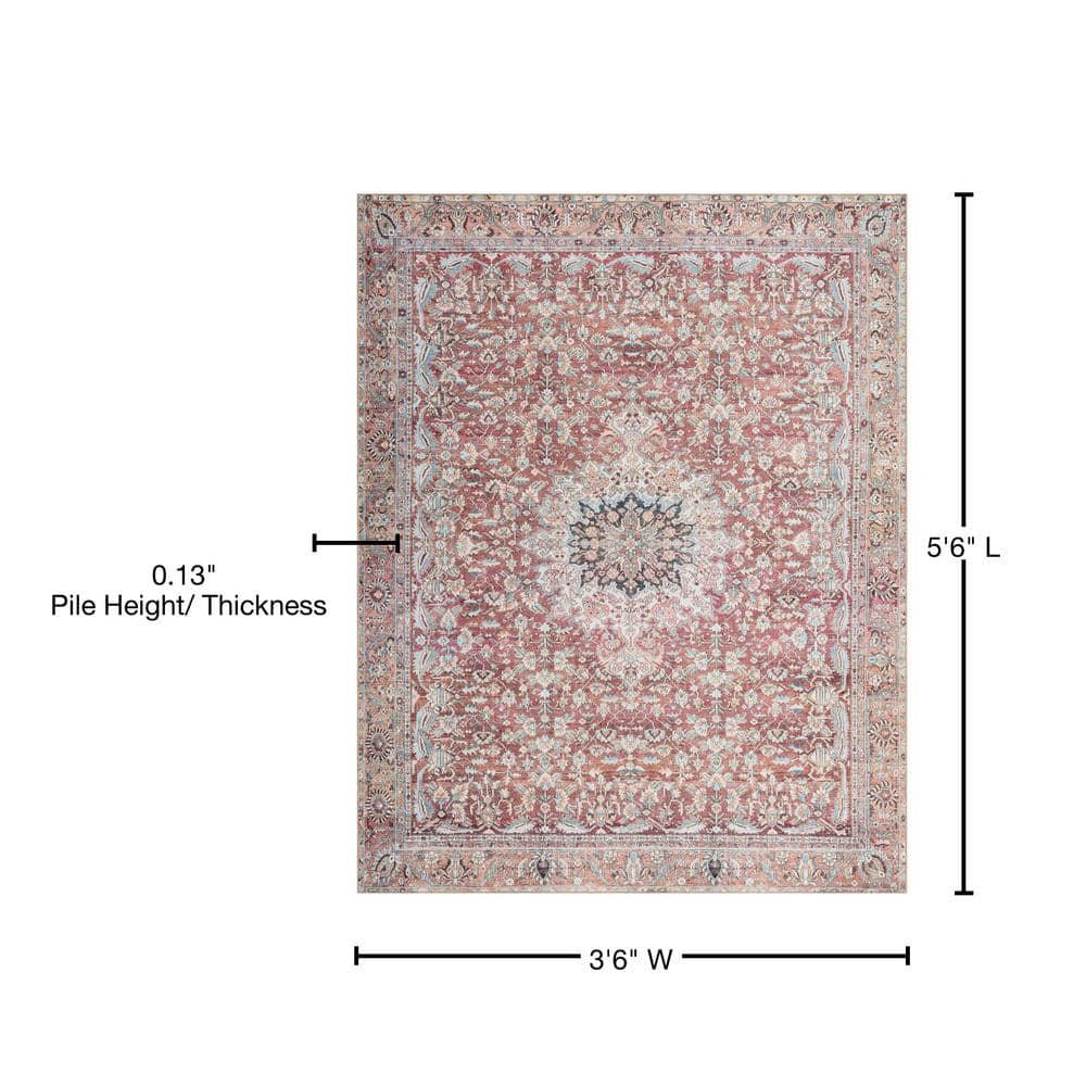 Modern Vintage Red & Teal Synthetic Area Rug 3'6" x 5'6"