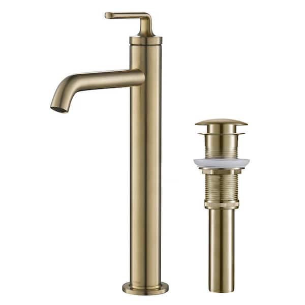 KRAUS Ramus Single Hole Single-Handle Vessel Bathroom Faucet with Matching Pop-Up Drain in Brushed Gold