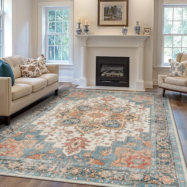 Medallion Blue Orange Mocha 5 ft. x 7 ft. Persian Area Rug