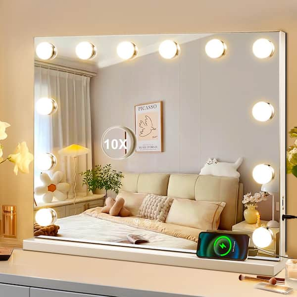 20 in. W x 16 in. H Rectangular Framed LED Bulb Hollywood Tabletop Bathroom Makeup Mirror in White with 3-Color Lights