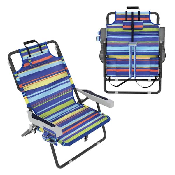VEIKOUS 5-Position Adjustable Backpack Beach Chair Folding Lounge Chair with Pillow and Storage Bag, Multi-Color Stripe