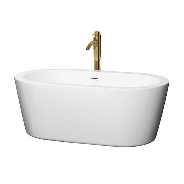 Mermaid 59.75 in. Acrylic Flatbottom Bathtub in White with Shiny White Trim and Brushed Gold Faucet