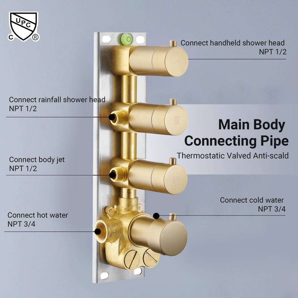 Large Brushed Gold Dual Ceiling Mounted Shower System with Body Jets