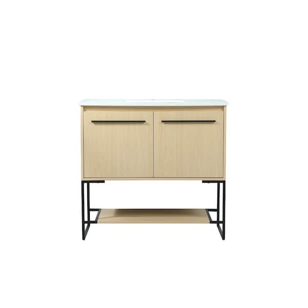 Unbranded Simply Living 36 in. Single Bathroom Vanity in maple with Quartz Vanity Top in Ivory White