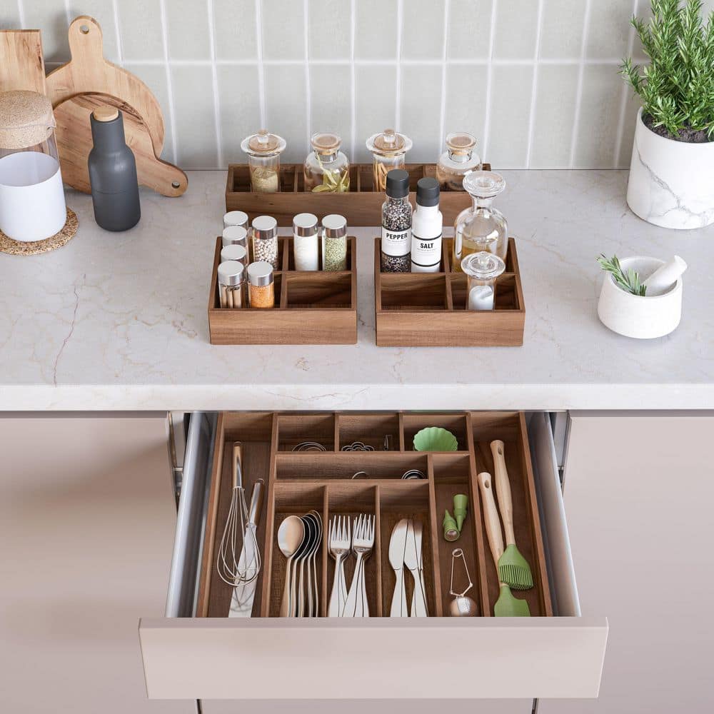 Seville Classics 4-Piece Acacia Wood Expandable Drawer Storage Organizer Box Set 11.85 in. W to 18.4 in. W x 17.5 in. D x 2.5 in. H Brown