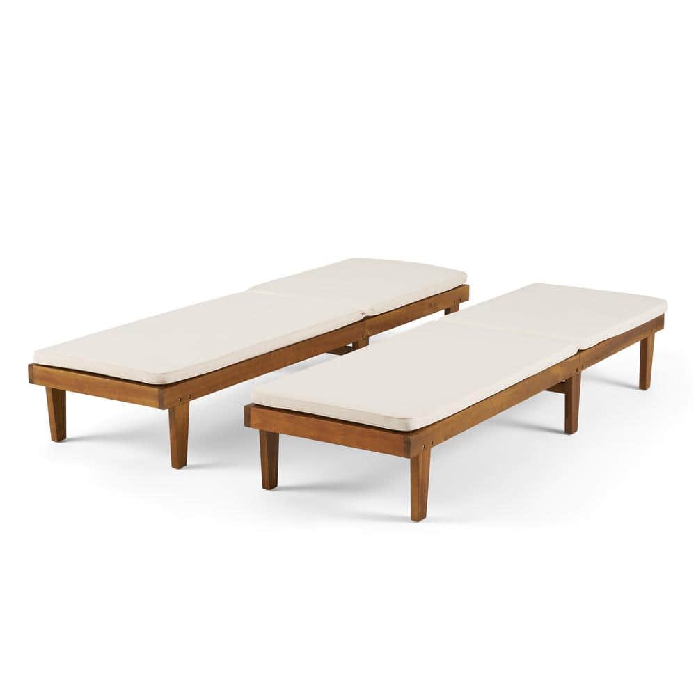 Teak and Cream Acacia Wood Chaise Lounge Set with Cushions