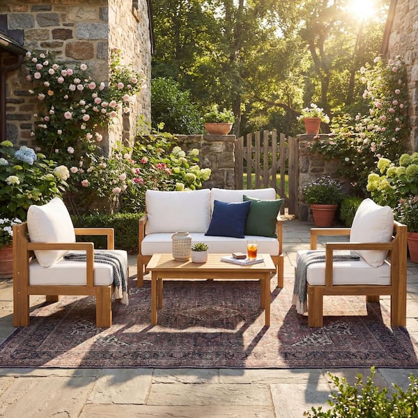 4-Piece Wood Patio Furniture Set with Beige Cushions