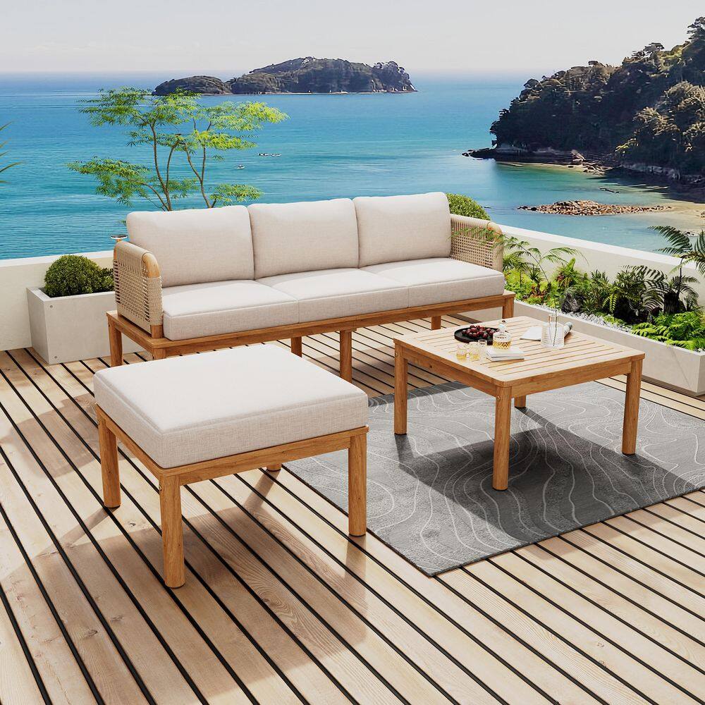 3-Piece Acacia Wood Outdoor Conversation Patio Furniture Set with Beige Cushions price history on PriceWatchPro