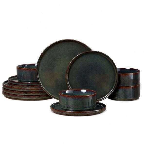 Stoneware Dinnerware Set for 4, 12-Piece Plates and Bowls in Blackish Green, Chip-Resistant Finish Set