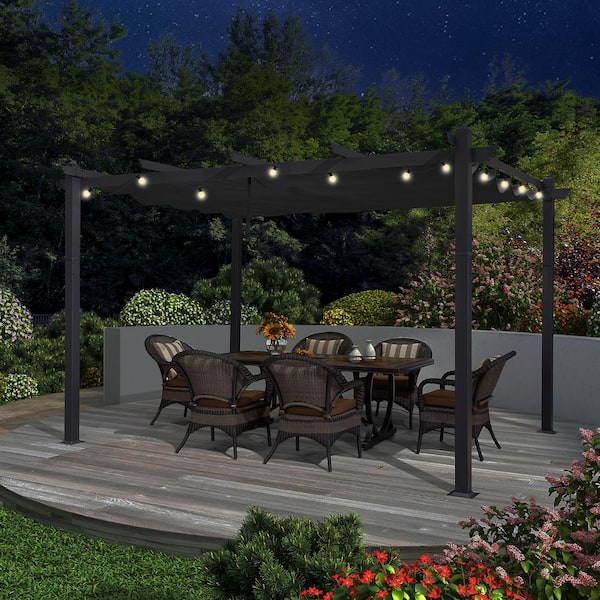 PURPLE LEAF 10 ft. x 12 ft. Gray Aluminum Frame Morden Pergola with Gray Retractable Sun Shade Canopy and String Lights for Garden