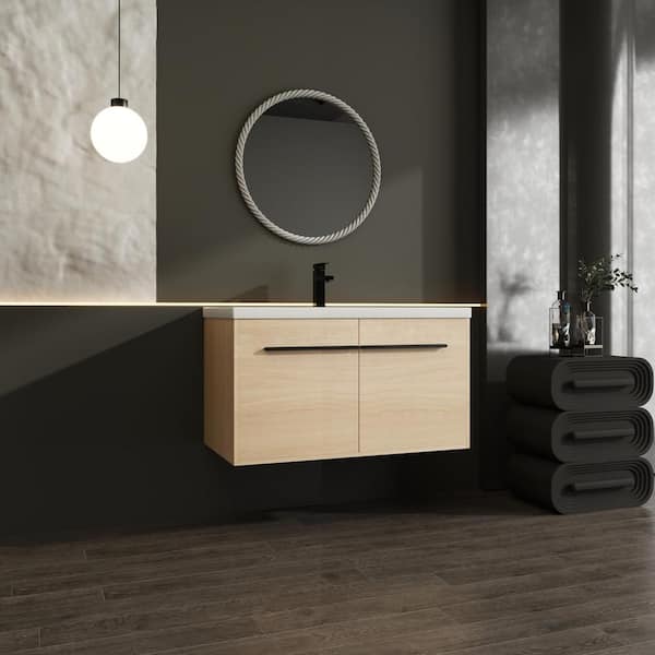 35.4 in. W Floating Bath Vanity in Oak with White Resin Top, 2 Doors Bathroom Cabinet Set