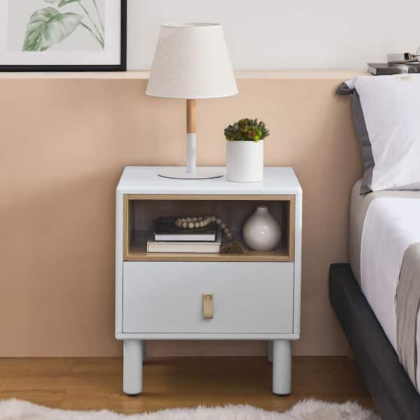 CSC DECOR INC Modern White 1-Drawer 18.9 in. W Wood Nightstand Compact Side Table with Open Storage Shelf Nordic Bedside Table