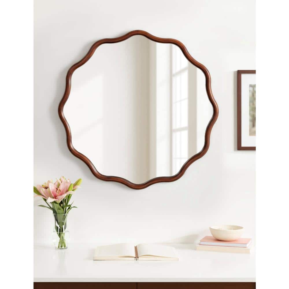 Walnut Brown 30" Round Scalloped Wood Vanity Mirror