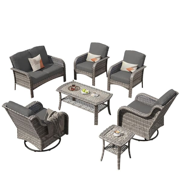 Mejy Gray 7-Piece Wicker Patio Conversation Set with Black Cushions and Swivel Chairs