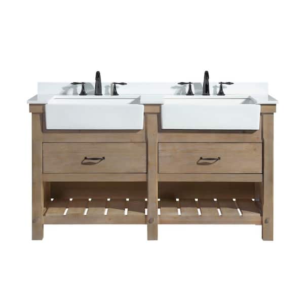 Ari Kitchen and Bath Marina 60 in. W x 20.5 in. D x 34.50 in. H Bath Vanity in Brown with White Engineered Stone Top w/White Farmhouse Basin