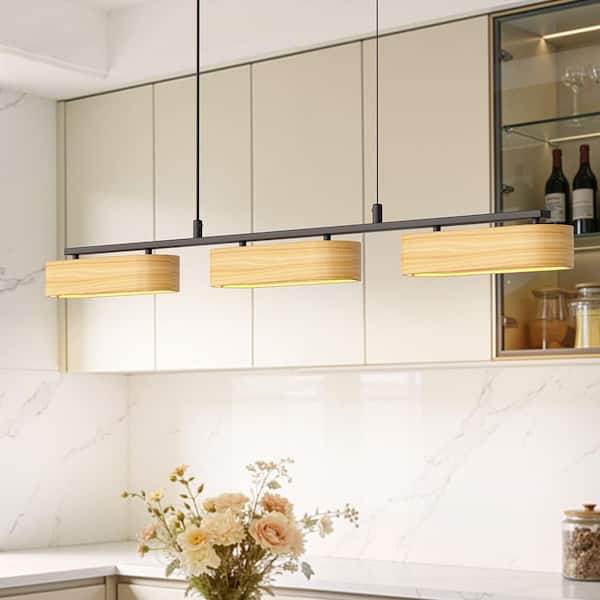 YANSUN 38 in. 3-Light Wood Farmhouse Linear Kitchen Island Pendant ...