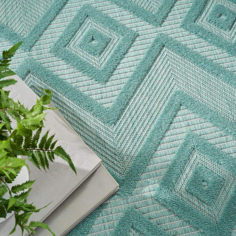 Aqua Teal Diamond 5' x 7' Easy-Care Synthetic Outdoor Rug