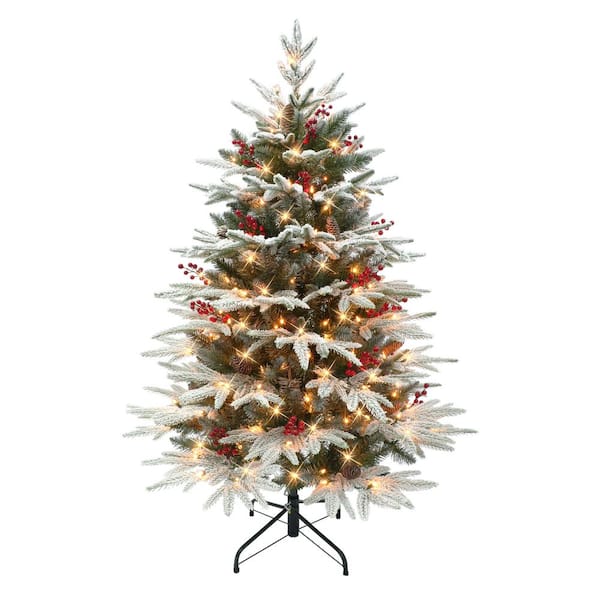 Puleo International 4.5 ft. Pre-Lit Fir Flocked Artificial Christmas Tree, 1027Tips 250UL Clear Incandescent Lights Pine Cones & Red Berries