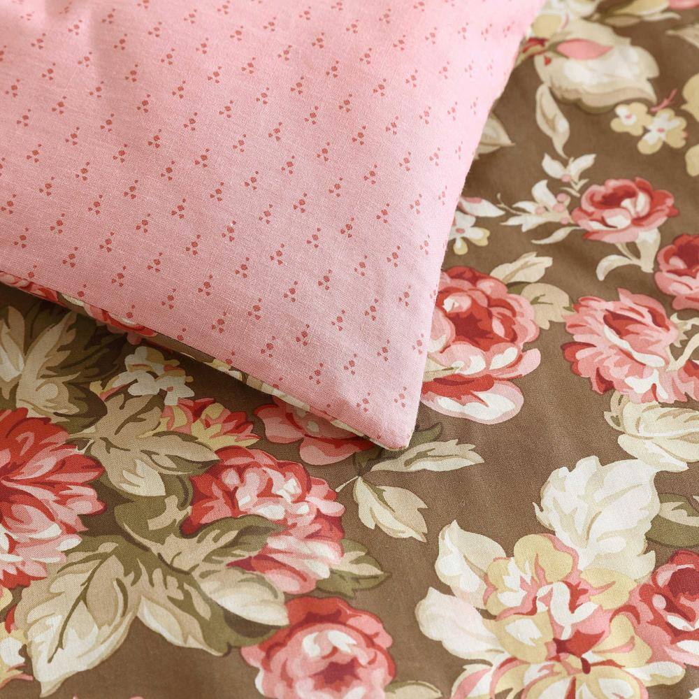 Twin Brown Cotton Reversible Floral Comforter Set