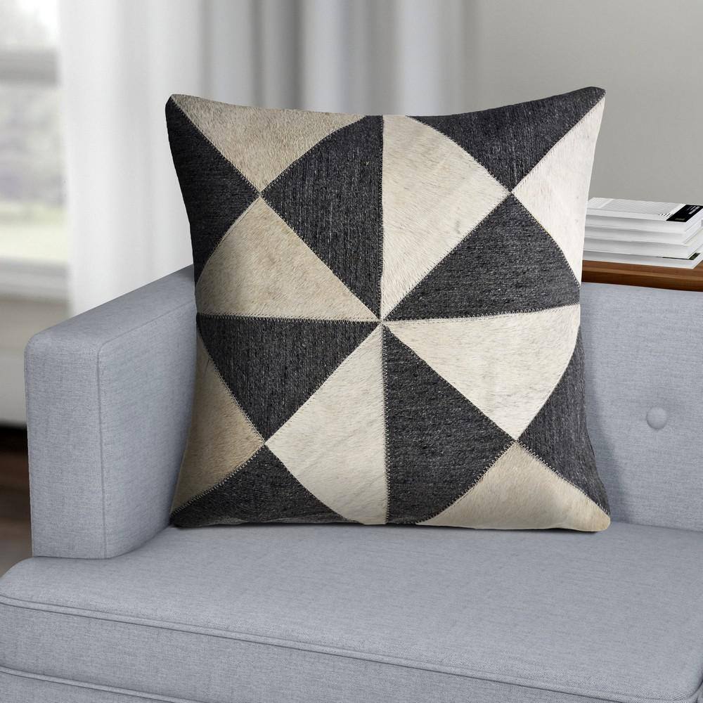 Charcoal and White Geometric Faux Leather Square Pillow, 20 in.