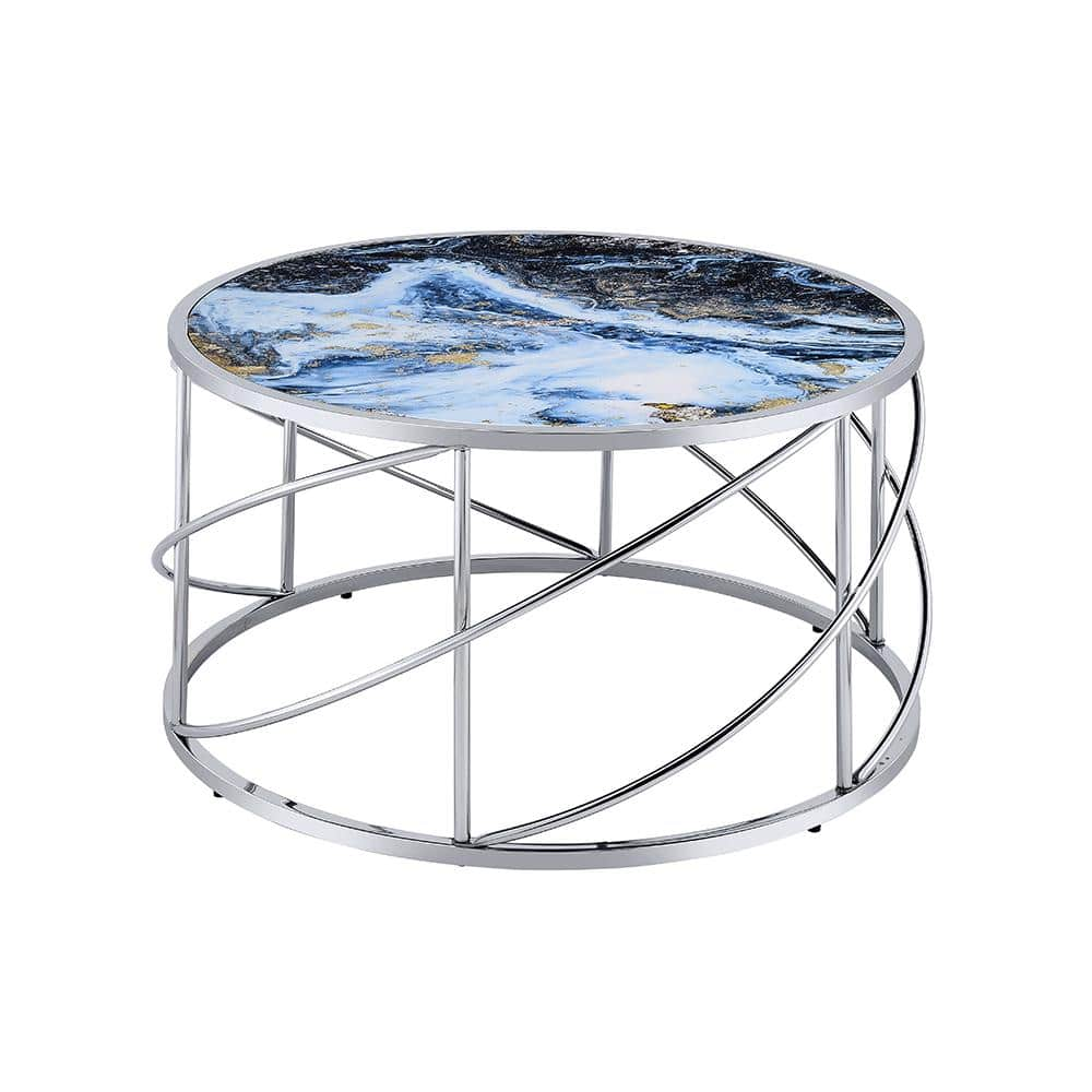 Acme Furniture Lyda 32.75 in. Blue Marble Print and Chrome Finish Metal C Shaped End Table