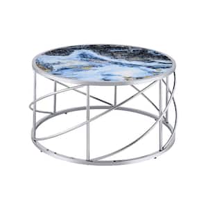 Lyda 32.75 in. Blue Marble Print and Chrome Finish Metal C Shaped End Table