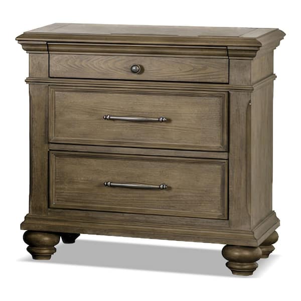 Lander Aged Oak 3-Drawer 28 in. W Nightstand with Bun Feet