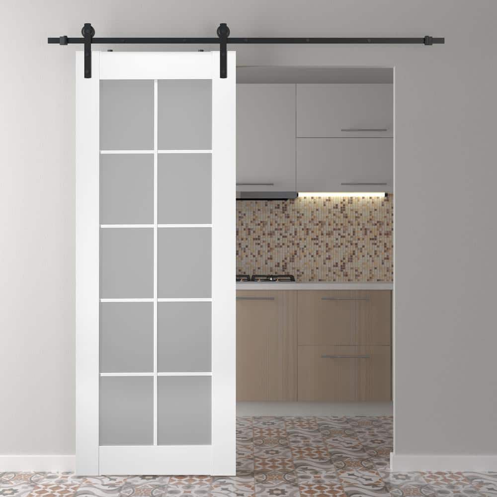 Polar White Frosted Glass and Composite Wood Barn Door Kit
