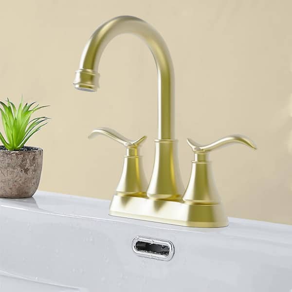 4 in. Centerset Double Handle High Arc 360° Swivel Spout Bathroom Sink Faucet with Pop-up Drain in Brushed Gold