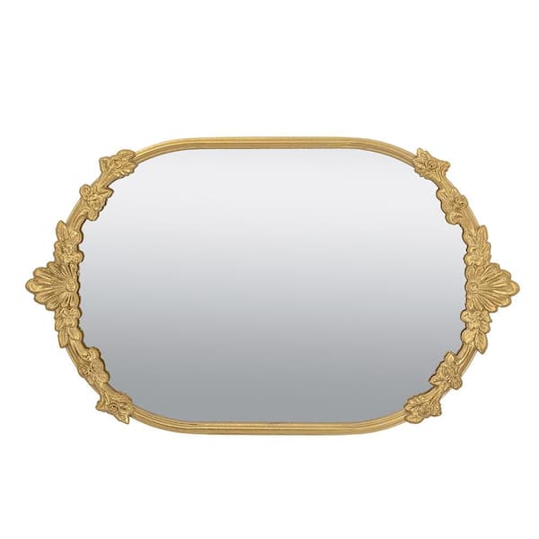 22.5 in. W x 13.5 in. D x 1 in. H Decorative Gold Iron Mirror Tray with Intricate Floral Accents for Home Decor