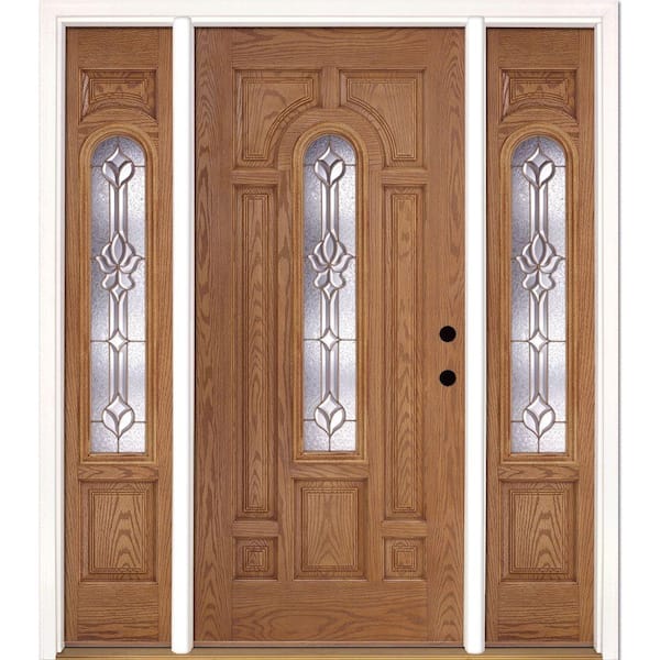 Feather River Doors 67.5 in.x81.625 in. Medina Brass Center Arch Lite Stained Light Oak Left-Hand Fiberglass Prehung Front Door w/Sidelites