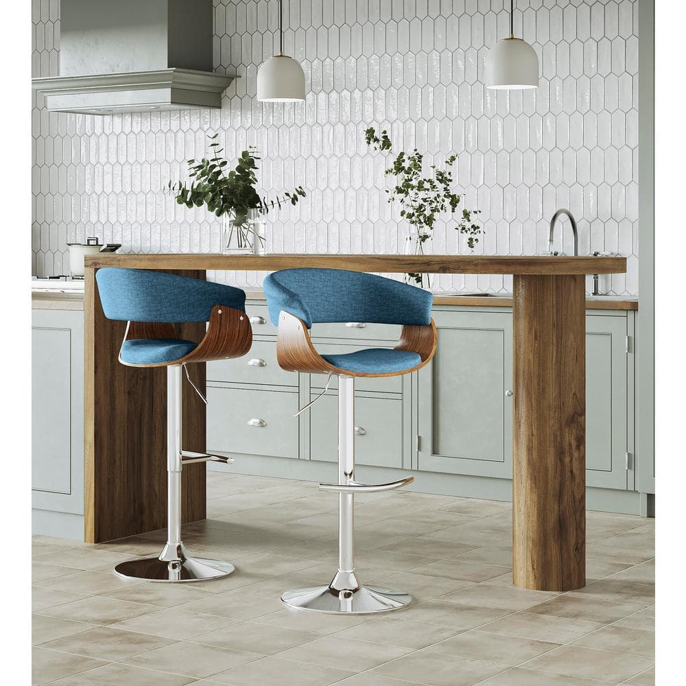 Set of 2 Blue Adjustable Swivel Bar Stools with Walnut Wood and Chrome Base