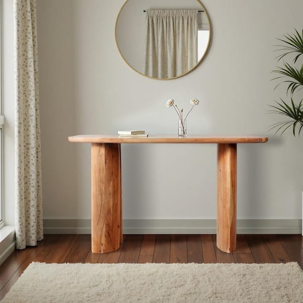 51 in. Brown Rectangle Acacia Wood Curved Straight Leg Console Table