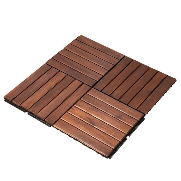 12 in. x 12 in. Solid Wood Floor Tiles, Waterproof Plastic Base, Snap-On Deck Tiles, Brown Stripe (10-Pack)