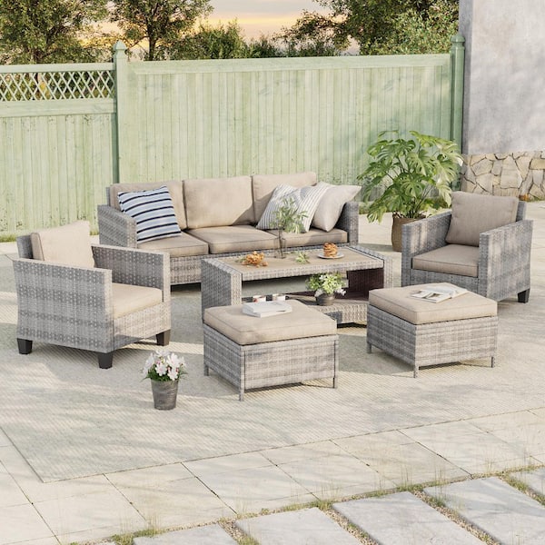 6-Piece Patio Sofa Set Gray Wicker Outdoor Furniture Set with Coffee Table, Linen Flax Beige
