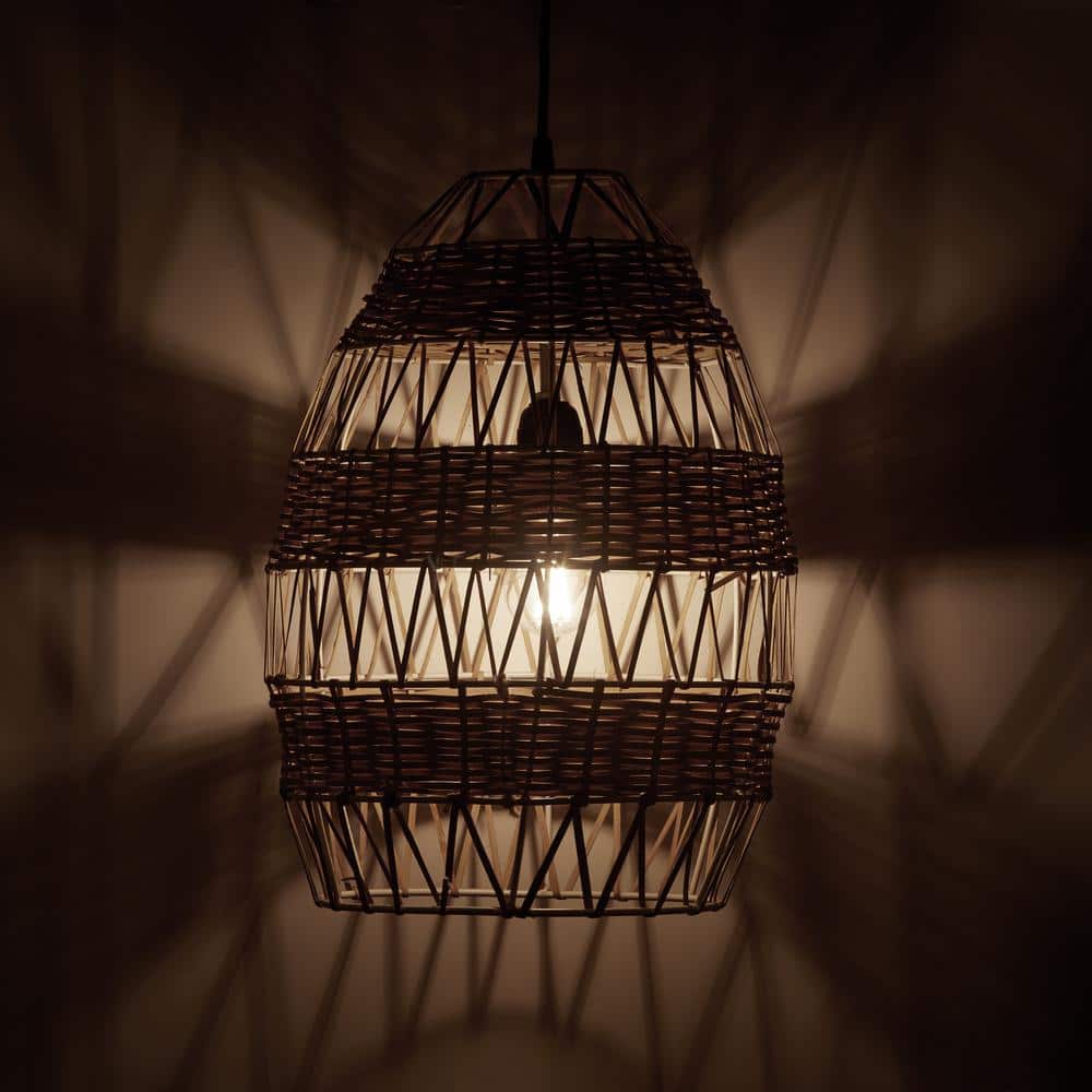 12.75" Tan Rattan and Metal Bowl Pendant Ceiling Light