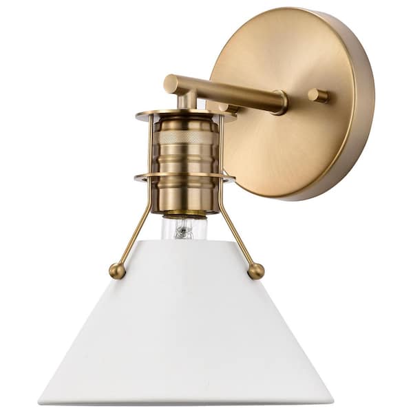 SATCO Outpost 7 in. 1-Light Matte White / Burnished Brass Wall Sconce with Matte White Metal Shade