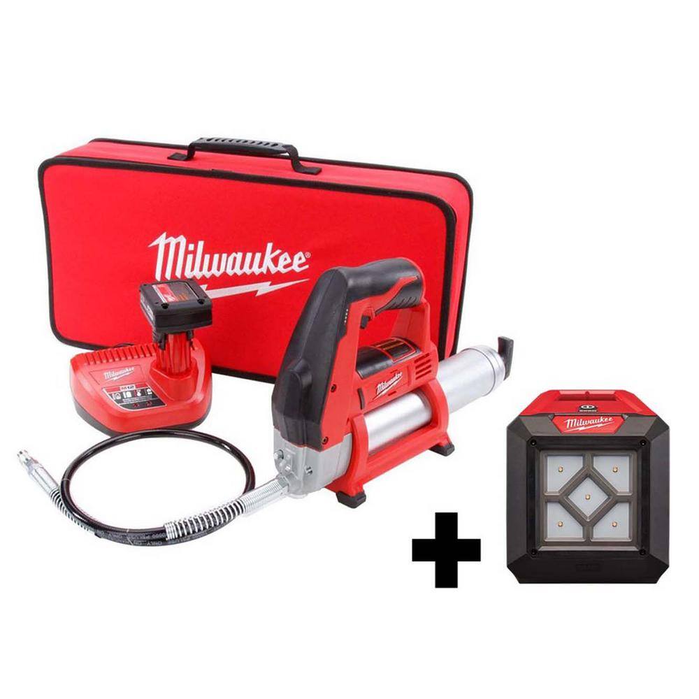 Milwaukee M12 12V LithiumIon Cordless Grease Gun XC Kit with M12 LED Flood Light 244621XC2364
