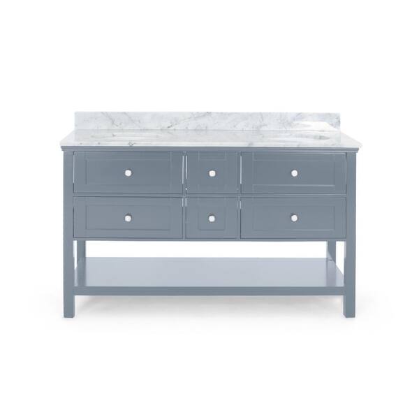 Noble House Dawson 60 in. W x 22 in. D Bath Vanity with Carrara Marble Vanity Top in Grey with White Basin