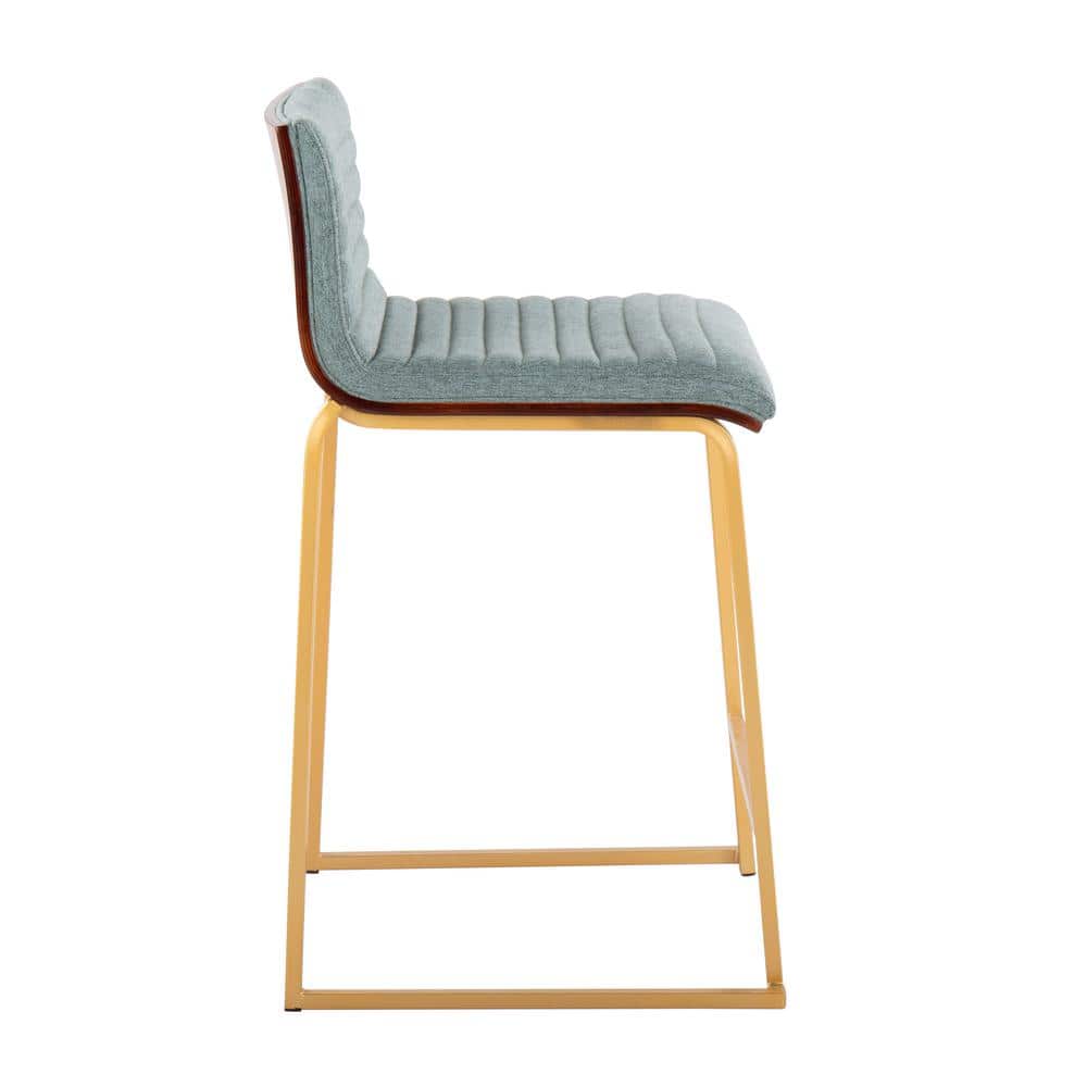 Set of 2 Green Upholstered Wood and Gold Metal Counter Stools