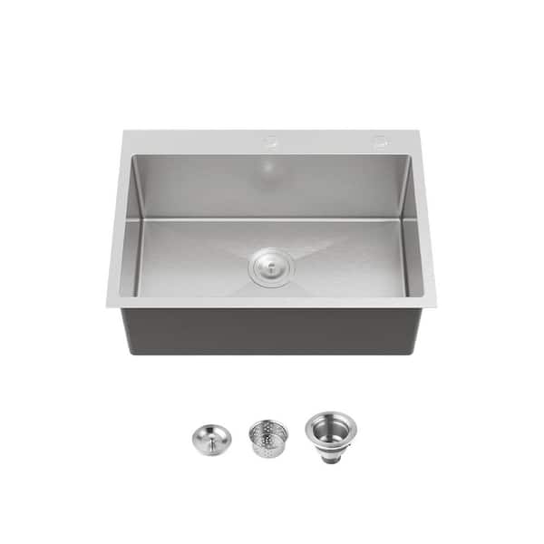 27 in. Drop-In Single Bowl 20-Gauge Overmount Stainless Steel Top Mount Kitchen Sink with Basket Strainer