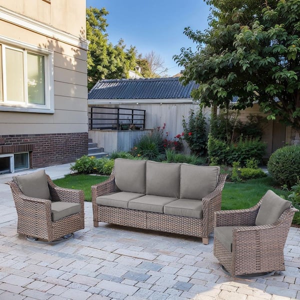 Opohoro SlideArm Brown 3-Piece Wicker Swivel Glider Patio Conversation Set, Sofa Seating Set with Olefin Gray Cushions